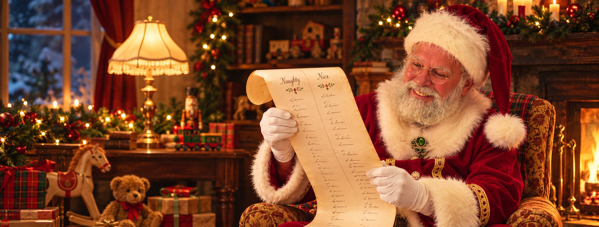 Santa in a lamplit room reading a long naughty-and-nice scroll beside a fireplace