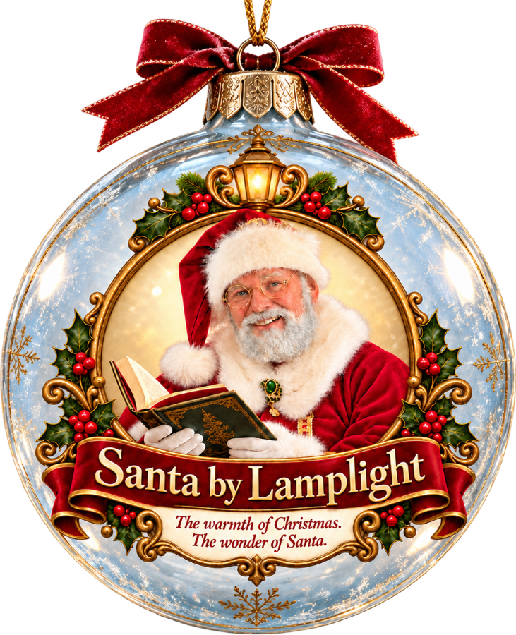 Santa by Lamplight ornament: Santa reading a storybook inside a glass Christmas bauble with a red velvet bow