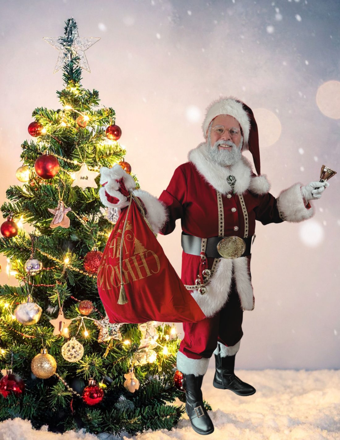 Santa beside a Christmas tree, holding a sack and bell