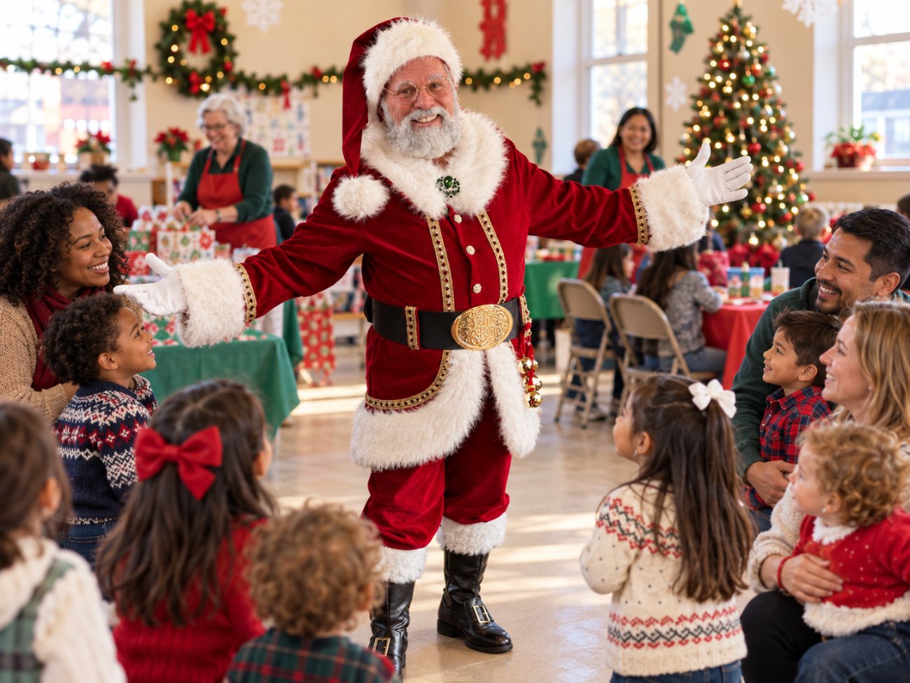 Santa welcoming families at a community hall